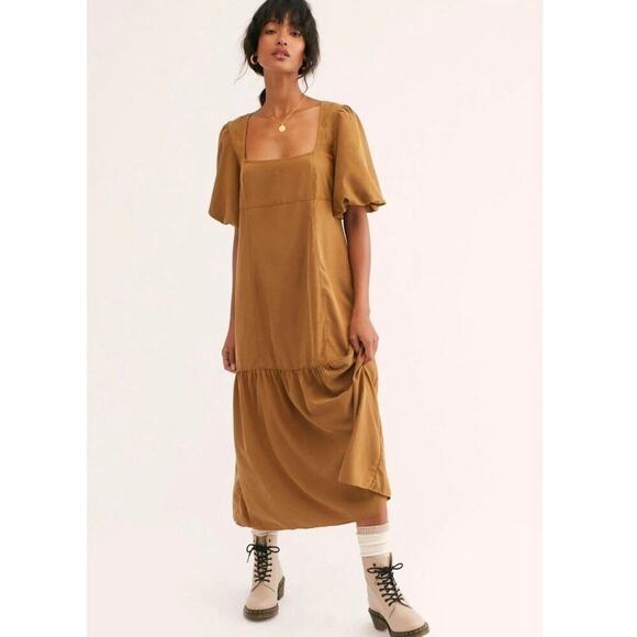 Free People Dresses & Skirts - NWT Free People Jordan Puff Short Sleeve Ruffle Hem Midi Dress Tabacoo Size XL